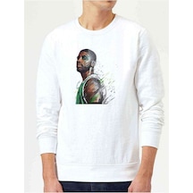 Basketbol Sporcu Baskılı Beyaz Erkek Örme Sweatshirt