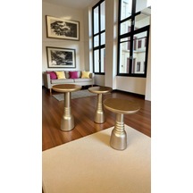 3 Lü Ahşap Yan Sehpa Seti Altın Varak Mantar Sehpa Modeli