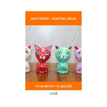 El Yapımı Renkli Ahşap Tekli Kedi Figürü 15 Cm Dekoratif 1 Adet