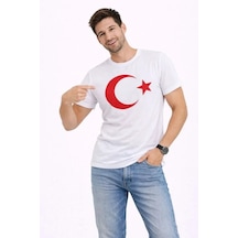 Yake Store Erkek T-shirt Kısa Kol Bisiklet Yaka Ay Yıldız Bayrak Baskılı Tişört - Beyaz - Beyaz