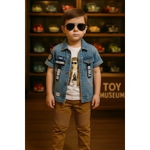 Erkek Çocuk 3'lü Takım Denim Ceket + Astronot Baskılı Tişört + Hardal Pantolon-204 Beyaz