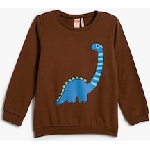 Koton Dinozor Baskılı Sweatshirt Şardonlu Bisiklet Yaka Pamuklu Kahverengi 4wmb10197tk 4WMB10197TK529 Kahve