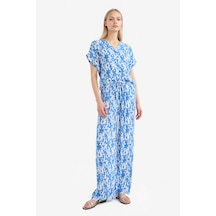Defacto Straight Fit Beli Lastikli Midi Krinkıl Kumaş Desenli Pantolon E7828ax25spbe551 Mavi