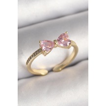 Pirinç Gold Renk Pembe Zirkon Taşlı Kalp Fiyonk Model Kadın Yüzük Altın