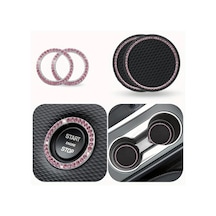 Sunshine011 2 Adet Araç Elmas Tabanlı Paspas + 2 Adet Tek Tuşla Start Dekor Halkası Pembe Pembe