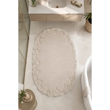 Vizon İşlemeli Kaymaz Taban Banyo Paspası Güpürlü Yıkanabilir Banyo Takımı Akira Beyaz