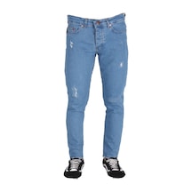 Erkek Denim Mavi Lazer Işlemli Kot Pantolon Açık Mavi