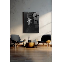 Atatürk - Siyah Beyaz Dikey Duvar Dekoratif Cam Tablo - Mustafa Kemal Portre Kırılmaz Temperli Klasik Ofis Salon Koridor Uv Baskılı Hediyelik