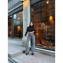 Shevega Kadın Füme Yan Tokali Geniş Kesim Baggy Bol Paça Kot Jeans Pantolon Füme