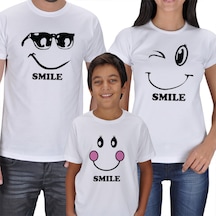 Smile Aile Tişört Kombini Anne Baba Oğul Kısa Kol Beyaz