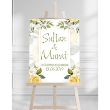 Söz Nişan Düğün İçin 50x70 Karşılama Panosu - Sarı Gül Desenli Beyaz