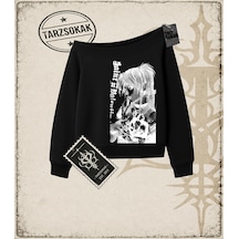 Tarzsokak Gotik & Grunge Streetwear Vintage Anime Misa Amane Saint Gotik Y2k Kayık Yaka Sweatshirt Siyah