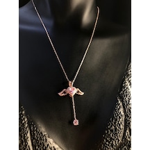 Vog Swarovski Taşlı S Model Kanatlı Pembe Kalp 925 Gümüş Kolye