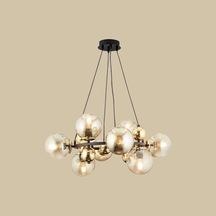 Sekizli Yuvarlak Camlı Avize Siyah-gold 70x75 Cm Çok Renkli