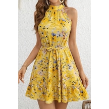 Efnaz Style Kadın Omuzlardan Açık Balıkçı Yakalı Kuşaklı Desenli Kısa Süprem Elbise Sarı