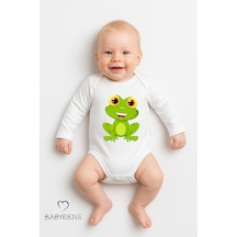 Babyden's Sevimli Hayvan Figürlü %100 Pamuk Uzun Kollu Çıtçıtlı Bebek Body Kurbağa Beyaz