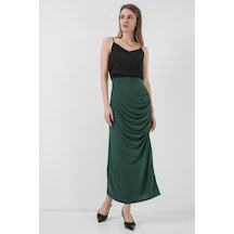 8035 Büzgülü Midi Etek - Zümrüt Yeşili Zümrüt