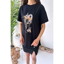 Kısa Kol Çiçek Ve Leopar Baskılı Kadın T-shirt - Siyah