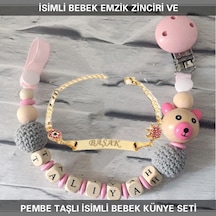 Sahi Aksesuar İsimli Bebek Emzik Zinciri ve İsimli Bebek Künye Seti BEZYI303 Pembe