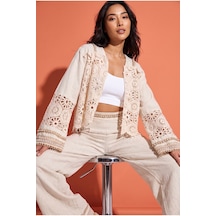 Fashion Cocktail Romantik Kore Slim Fit Pantolonlu İnci Brode İşçilikli Geometrik Dantel Zarif Yelek Düğmeli Ceket Fermuarlı Dar Kesim Pantolon Ham Keten Bohem Takım Bej