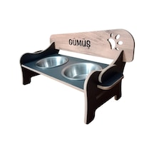Özel İsim Baskılı, Ahşap, Kademeli, Eğimli, Çelik Kaseli, Kedi-köpek Mama Ve Su Kabı Stantı-400 Ml.