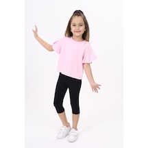 Toontoy Kids Kız Çocuk Baskılı Bisiklet Yaka Kolu Volanlı Tişört Açık Pembe