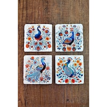 Doğal Taş Bardak Altlığı 4'lü Set 10x10x1 Cmrenkli Tavus Kuşları Baskılı-stone Coasters Çok Renkli