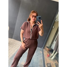 Efnaz Style Kadın Fermuarlı Taş Ve Şerit Detaylı Ikili Takım Kahverengi