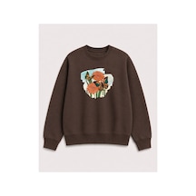 Herkesemoda Kelebek Ve Çiçek Baskılı 2 İplik Şardonlu Bisiklet Yaka Sweatshirt Kahverengi