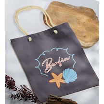 Bk Gift Kişiye Özel Yaz Temalı İsimli Antrasit Halat Saplı Kumaş Plaj Çantası -3, Baskılı Omuz Çantası, Alışveriş Çantası, Arkadaşa Hediye, Sevgiliye Gri