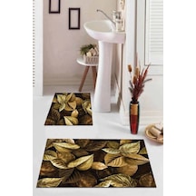 Gold Yaprak Desenli Banyo Halısı Klozet Paspas Seti Bs044n11