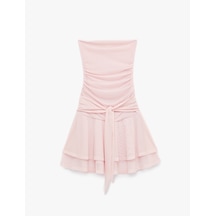 Koton Slim Fit Drape Detaylı Bağlamalı Kat Kat Volümlü Fırfırlı Straplez Mini Tül Elbise Pembe 6sak80114uk Gül