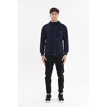 Rowinger Çift Şerit Kol Detaylı Tam Fermuarlı Cepli Rahat Kalıp Ayarlanabilir Kapüşonlu Sweatshirt Navyblue
