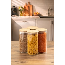 Porsima 3-4 Bambu Borosilikat Vakumlu Kapaklı Yuvarlak Cam 4lü Kavanoz Seti Saklama Kabı 1650ml 10x25cm