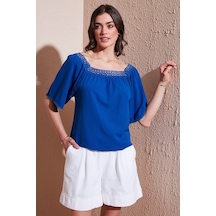 Lela Güpürlü Regular Fit Kare Yaka Bayan Bluz 5869003 Saks