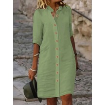 Kadın Kısa Kollu Hakim Yaka Önden Düğmeli Kısa Müslim Elbise Yeşil Kadın Kısa Kollu Hakim Yaka Önden Düğmeli Kısa Müslim Elbise Yeşil