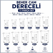 Beher Cam Dereceli 10 Ml 1 Adet, 25 Ml 1 Adet,50 Ml 1 Adet, 100 Ml 1 Adet, 150 Ml 1 Adet, 250 Ml 1 Adet, 400 Ml 1 Adet,500 Ml 1 Adet,600 Ml 1 Adet, 800 Ml 1 Adet,1000 Ml 1 Adet 11 Parça Set