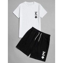 K Desen T-shirt Şort - Beyaz Siyah Alt Üst Kombin Şort Tişört Takım Baskılı Oversize Bisiklet Yaka Beyaz Siyah