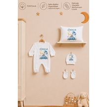 Pia Baby İsme Özel Erkek Bebek Tulum %100 Pamuk Organik Baskılı İsimli Bebek Tulumu 35x45 Cm Yastık Kılıfı Bebek Hediye Seti 1056yt0x Krem