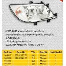 Ayfar 505407 Far Sol Halojen. Motorsuz Mercedes Sprınter B901 B904 00 06 A9018202661