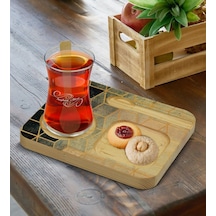 Kişiye Özel Doğal Ahşap Kaşıklı Sunum Tabağı Ve Heybeli Çay Bardağı Hediye Seti - Model 17