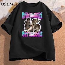 Flood Of Style Erkek Pamuk T-shirt Bile Baddies Olsun Saddies Rakun Komik Garip Belirli Meme Grafik Baskılı Siyah