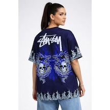 Wear Vexel Kadın Oversize Tişört Dragon & Kuru Kafa Baskılı Bisiklet Yaka T-shirt - Lacivert Lacivert
