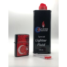 Türk Bayrağı - Benzinli Çakmak X-lite Benzin Gazı 120 Ml Ve 5'li Çakmak Taşı Hediyedir