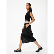 Koton Midi Boy Keten Kalem Etek Önden Yırtmaç Detaylı Beli Kontrast Detaylı Slim Fit Siyah 4sak70292pw Siyah