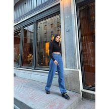 Shevega Kadın Mavi Yan Tokali Geniş Kesim Baggy Bol Paça Kot Jeans Pantolon Mavi