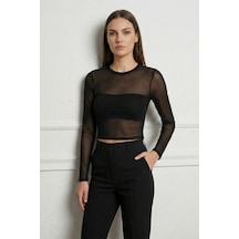 Kadın Siyah Transparan Tül Bluz Uzun Kollu Crop Tül-ince Dokulu Kadın Bluz-body-badi Siyah
