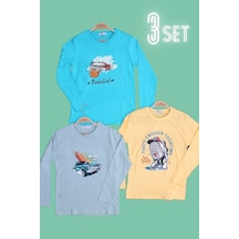 Panios Kids 3'lü Düz Basketball-retro Car-todaying Erkek Çocuk Uzun Kol Turkuaz-mint Yeşili-sarı Sweatshirt Çok Renkli
