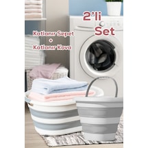 Porsima 2li Katlanır Temizlik Seti - Katlanır Sepet 25lt - Katlanır Kova 10lt Beyaz - Gri