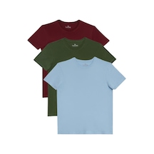 Tudors Unisex 3'lü Paket Yeşil-bordo-mavi Slim Fit Dar Kesim %100 Pamuk Bisiklet Yaka Tişört-37562 Multi
